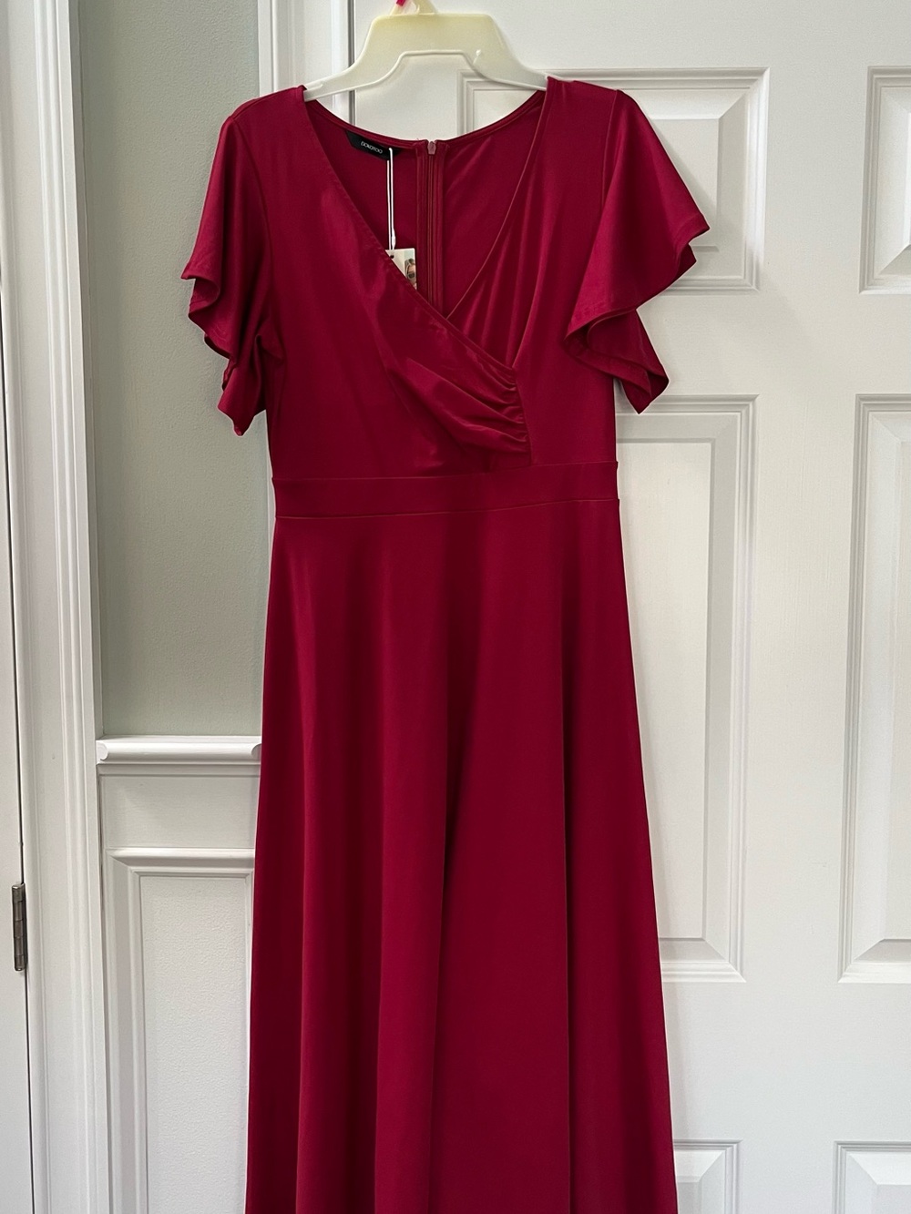 Wrap-Front Maxi Dress in Deep Red with Flutter Sleeves